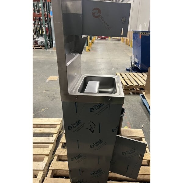 Scratch and Dent Advance Tabco 7-PS-99 Hands Free Hand Sink with Pedestal Base, Soap and Towel Dispenser, and Trash Bin