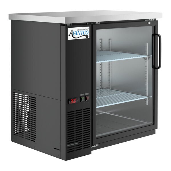Scratch and Dent Avantco UBB-36G-HC 36" Black Counter Height Glass Door Back Bar Refrigerator with LED Lighting