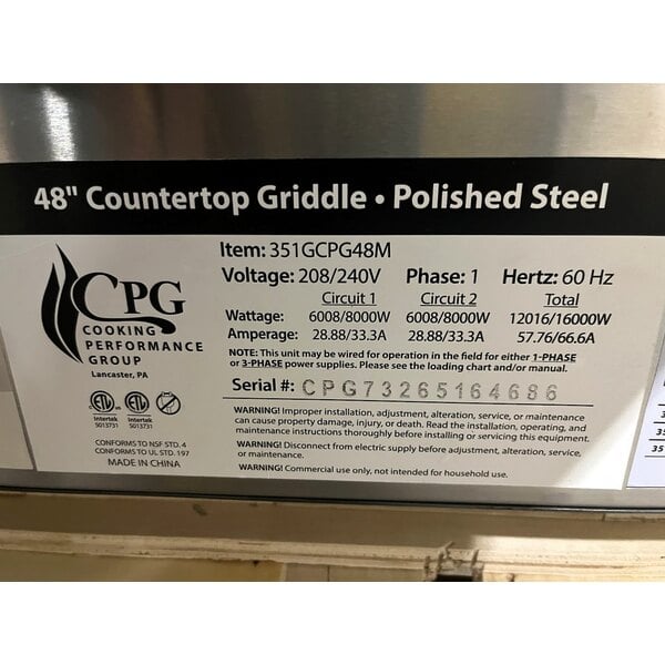 Scratch and Dent Cooking Performance Group G-CPG-48-M 48" Electric Countertop Griddle - 12,000W / 16,000W, 208 / 240V