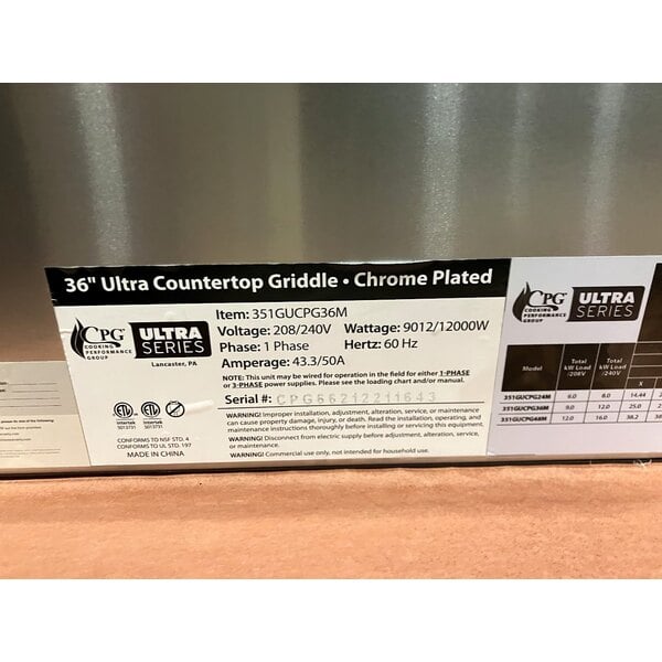 Scratch and Dent Cooking Performance Group GU-CPG-36-M Ultra Series 36" Chrome Plated Electric Countertop Griddle - 9,000W / 12,000W, 208 / 240V