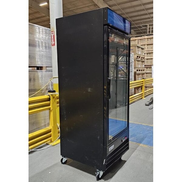 Scratch and Dent Avantco GDC-23-HC 28 3/8" Black Customizable Swing Glass Door Merchandiser Refrigerator with LED Lighting