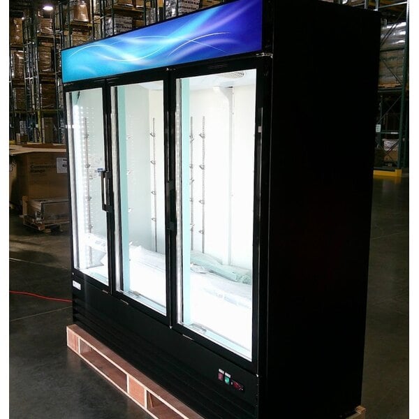 Scratch and Dent Avantco GDC-69-HC 78 1/4" Black Customizable Swing Glass Door Merchandiser Refrigerator with LED Lighting