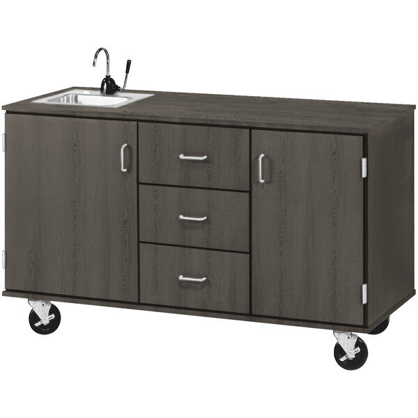 Scratch and Dent I.D. Systems 59" Wide Dark Elm Demonstration Station with Sink, (3) Drawers, and (2) Storage Cabinets 80741F36020
