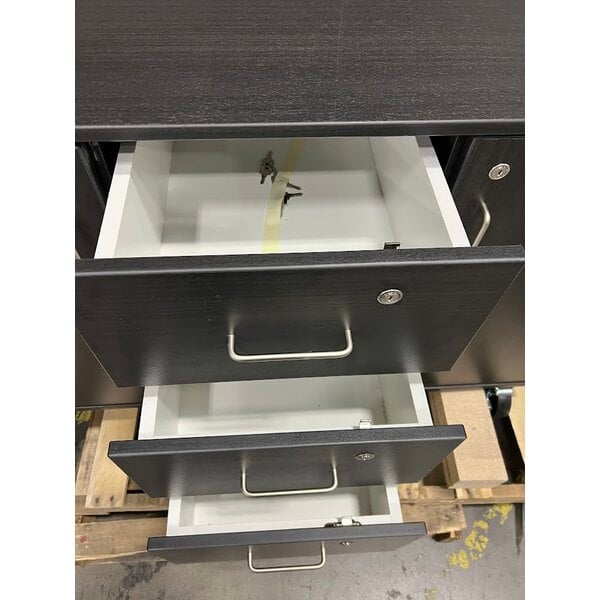 Scratch and Dent I.D. Systems 59" Wide Dark Elm Demonstration Station with Sink, (3) Drawers, and (2) Storage Cabinets 80741F36020