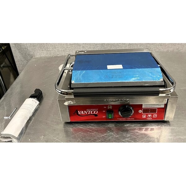Scratch and Dent Avantco PG200GST Commercial Panini Sandwich Grill with Timer, Grooved Top and Smooth Bottom Plates, and 13 3/8" x 8 3/4" Cooking Surface - 120V, 1750W