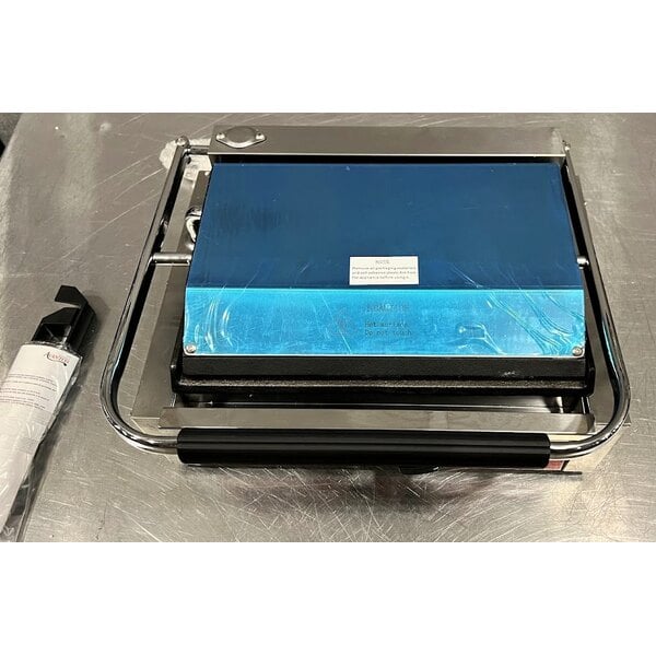 Scratch and Dent Avantco PG200GST Commercial Panini Sandwich Grill with Timer, Grooved Top and Smooth Bottom Plates, and 13 3/8" x 8 3/4" Cooking Surface - 120V, 1750W