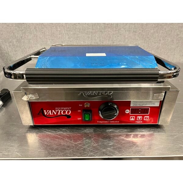 Scratch and Dent Avantco PG200GST Commercial Panini Sandwich Grill with Timer, Grooved Top and Smooth Bottom Plates, and 13 3/8" x 8 3/4" Cooking Surface - 120V, 1750W