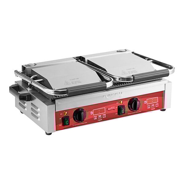 Scratch and Dent Avantco PG400T Commercial Dual Panini Sandwich Grill with Timer, Grooved Plates, and 19 5/8" x 9 1/8" Cooking Surface - 120V, 3500W