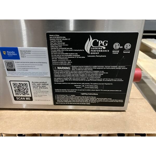 Scratch and Dent Cooking Performance Group SR-CPG-12-NL 12" Step-Up Countertop Range / Hot Plate with 2 High Output Burners - 60,000 BTU