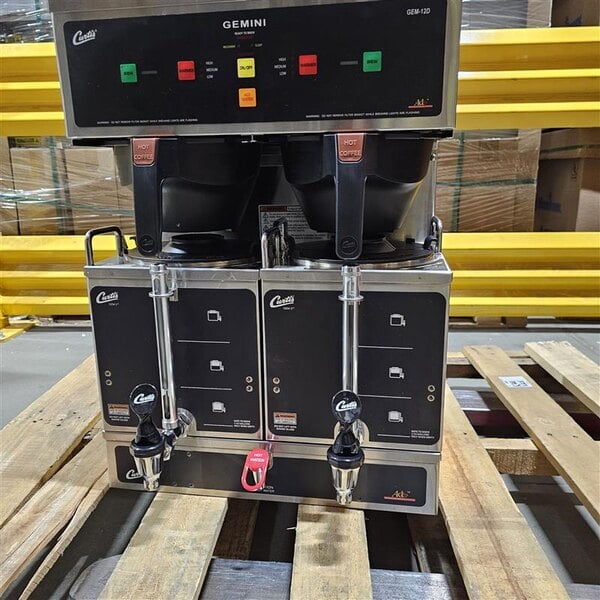 Scratch and Dent Curtis GEM-12D-10 Gemini Stainless Steel Twin Digital Satellite Coffee Brewer With Servers - 220V, 1 Phase