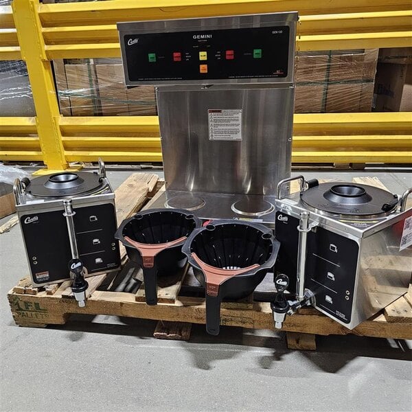 Scratch and Dent Curtis GEM-12D-10 Gemini Stainless Steel Twin Digital Satellite Coffee Brewer With Servers - 220V, 1 Phase