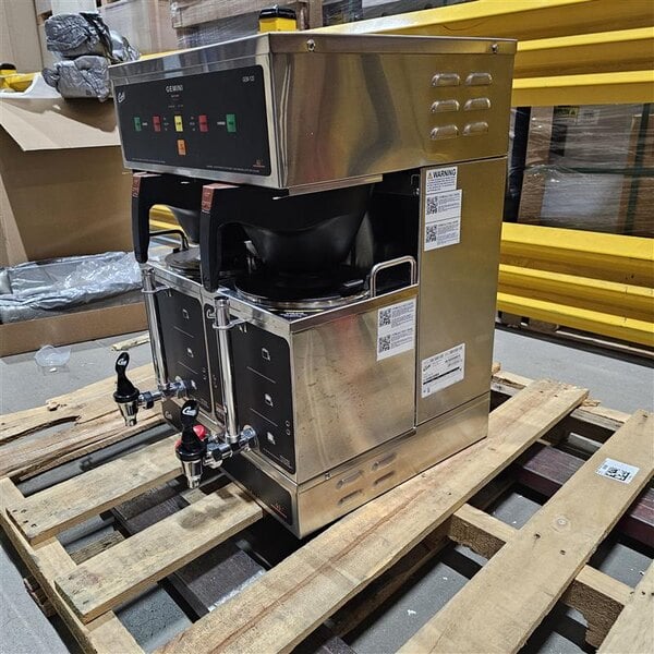 Scratch and Dent Curtis GEM-12D-10 Gemini Stainless Steel Twin Digital Satellite Coffee Brewer With Servers - 220V, 1 Phase