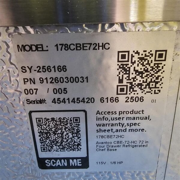 Scratch and Dent Avantco CBE-72-HC 72" 4 Drawer Refrigerated Chef Base