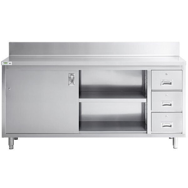 Scratch and Dent Regency 24" x 72" 16 Gauge Type 304 Stainless Steel Enclosed Base Sliding Door Table with Drawers and 6" Backsplash