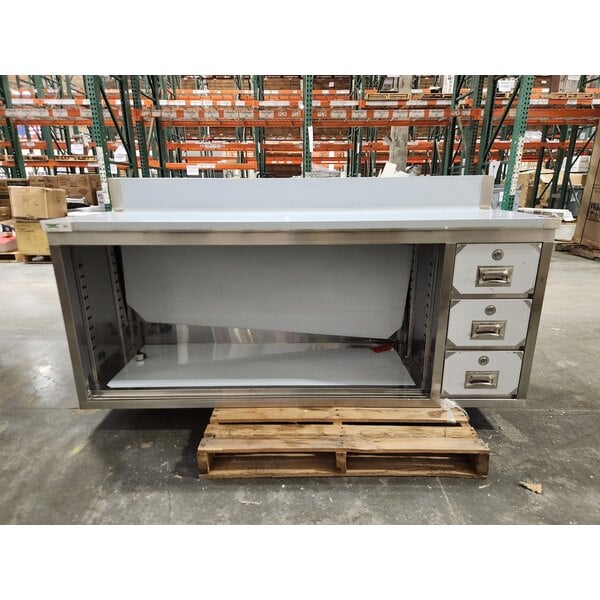 Scratch and Dent Regency 24" x 72" 16 Gauge Type 304 Stainless Steel Enclosed Base Sliding Door Table with Drawers and 6" Backsplash