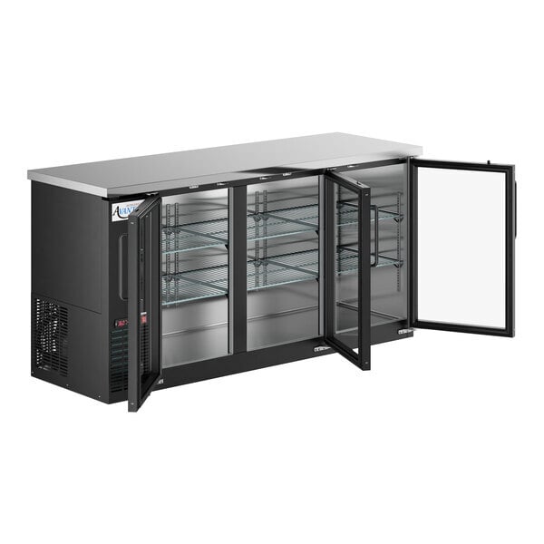 Scratch and Dent Avantco UBB-72G-HC 73" Black Counter Height Narrow Glass Door Back Bar Refrigerator with LED Lighting
