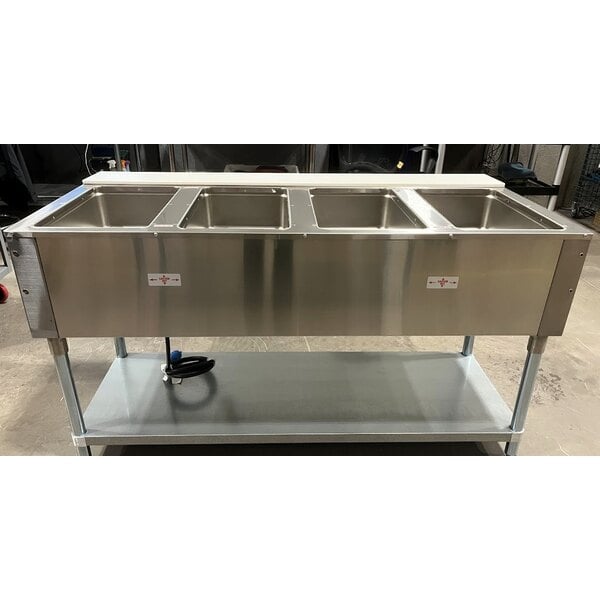 Scratch and Dent Advance Tabco SW-4E-240 Four Pan Electric Hot Food Table with Undershelf - Sealed Well, 208/240V