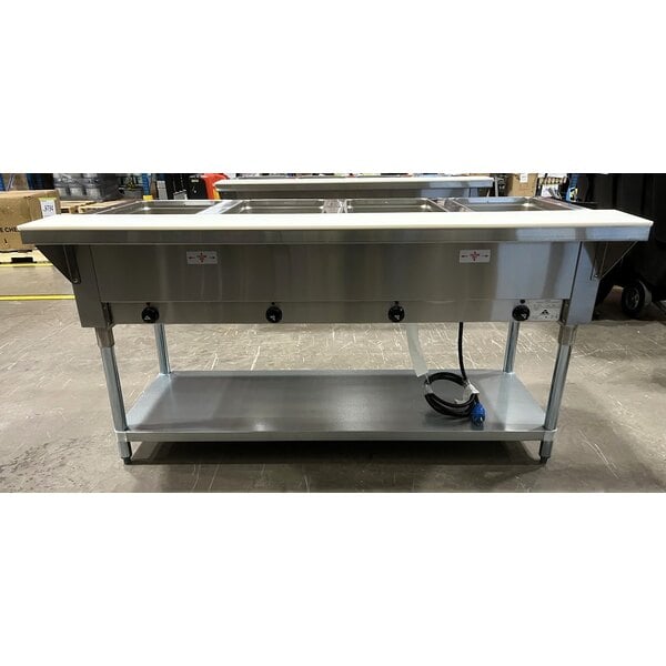 Scratch and Dent Advance Tabco SW-4E-240 Four Pan Electric Hot Food Table with Undershelf - Sealed Well, 208/240V