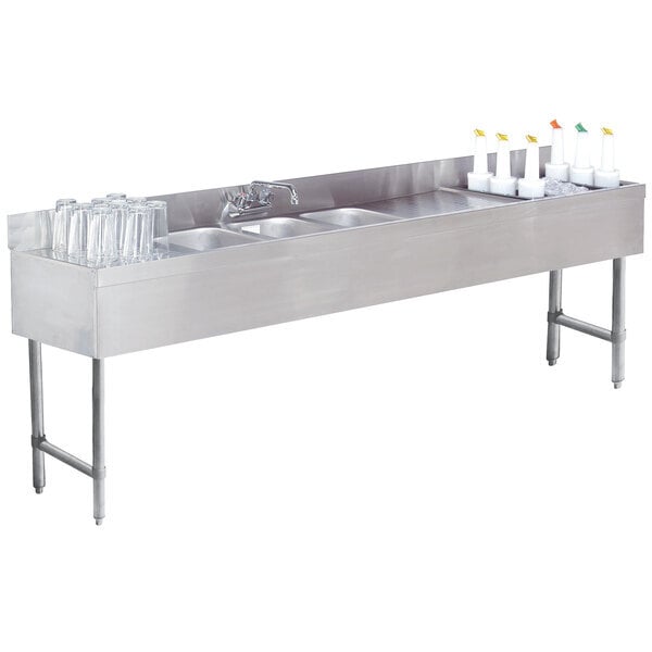 Scratch and Dent Advance Tabco SLC-83C-R Three Compartment Stainless Steel Bar Sink and Ice Bin Combo - 96" x 18" (Right Side Ice Bin)