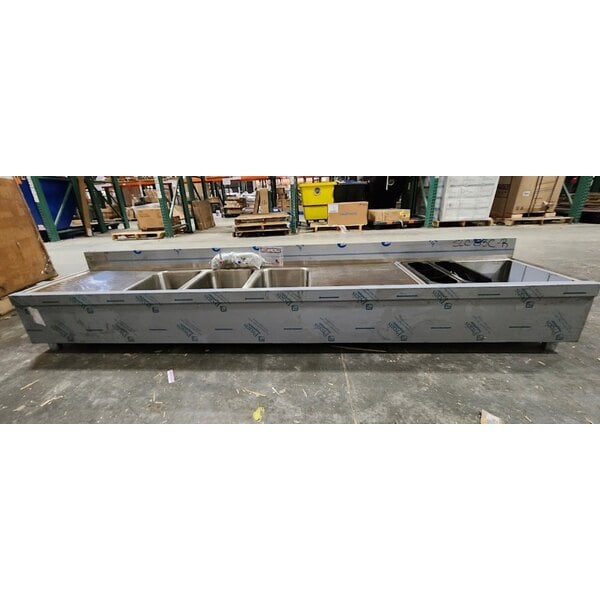 Scratch and Dent Advance Tabco SLC-83C-R Three Compartment Stainless Steel Bar Sink and Ice Bin Combo - 96" x 18" (Right Side Ice Bin)