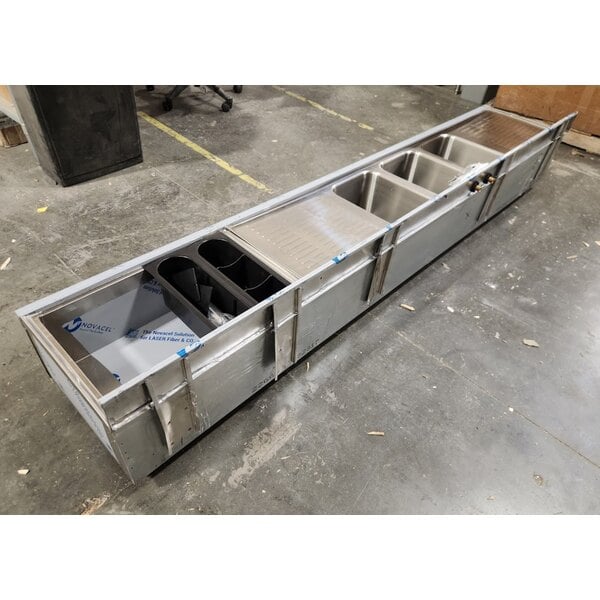 Scratch and Dent Advance Tabco SLC-83C-R Three Compartment Stainless Steel Bar Sink and Ice Bin Combo - 96" x 18" (Right Side Ice Bin)