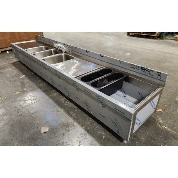 Scratch and Dent Advance Tabco SLC-83C-R Three Compartment Stainless Steel Bar Sink and Ice Bin Combo - 96" x 18" (Right Side Ice Bin)