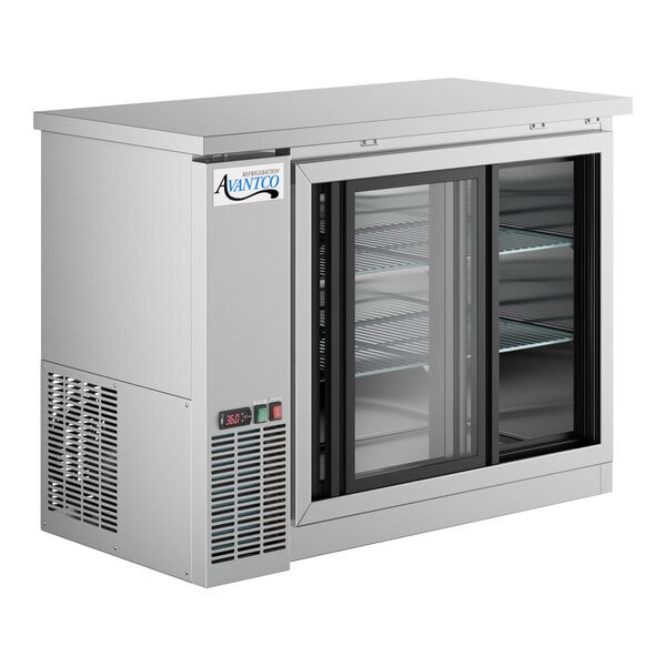 Scratch and Dent Avantco UBB-48S-HC 48" Stainless Steel Counter Height Narrow Sliding Glass Door Back Bar Refrigerator with LED Lighting