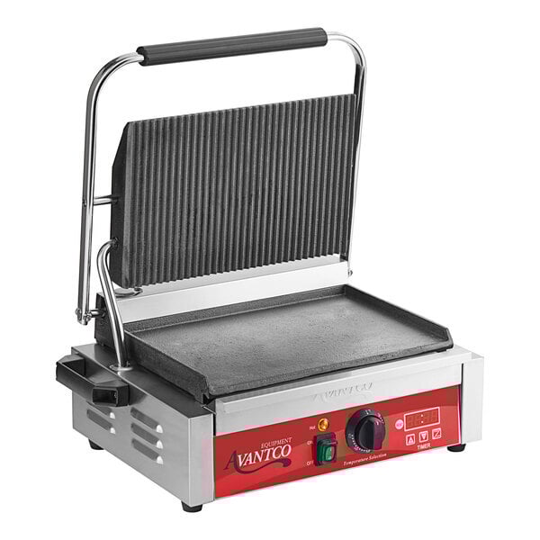 Scratch and Dent Avantco PG200GST Commercial Panini Sandwich Grill with Timer, Grooved Top and Smooth Bottom Plates, and 13 3/8" x 8 3/4" Cooking Surface - 120V, 1750W