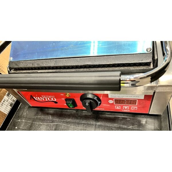 Scratch and Dent Avantco PG200GST Commercial Panini Sandwich Grill with Timer, Grooved Top and Smooth Bottom Plates, and 13 3/8" x 8 3/4" Cooking Surface - 120V, 1750W