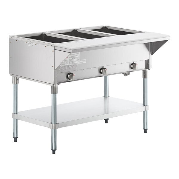 Scratch and Dent ServIt GST-3WE-LP Three Pan Open Well Liquid Propane Steam Table with Undershelf - 10,500 BTU