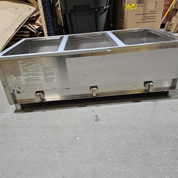 Scratch and Dent ServIt GST-3WE-LP Three Pan Open Well Liquid Propane Steam Table with Undershelf - 10,500 BTU