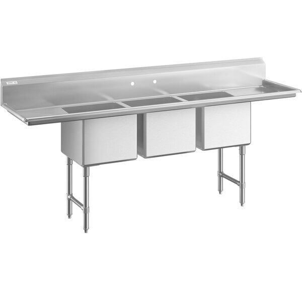 Scratch and Dent Regency 94" 16 Gauge Stainless Steel Three Compartment Commercial Sink with Cross Bracing and 2 Drainboards - 18" x 18" x 14" Bowls