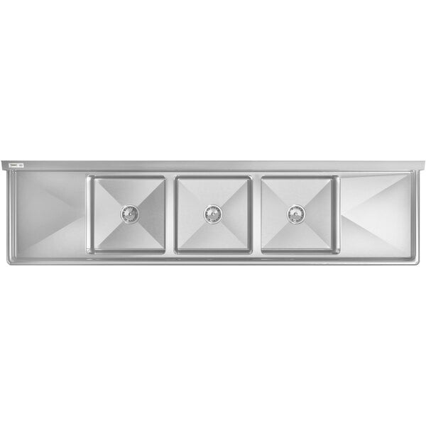 Scratch and Dent Regency 94" 16 Gauge Stainless Steel Three Compartment Commercial Sink with Cross Bracing and 2 Drainboards - 18" x 18" x 14" Bowls