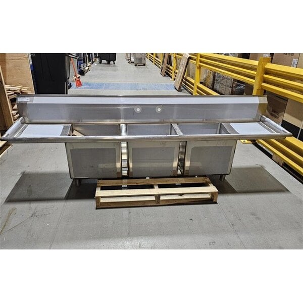 Scratch and Dent Regency 94" 16 Gauge Stainless Steel Three Compartment Commercial Sink with Cross Bracing and 2 Drainboards - 18" x 18" x 14" Bowls