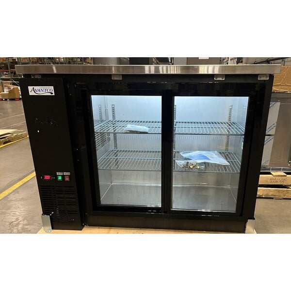 Scratch and Dent Avantco UBB-48S-HC 48" Black Counter Height Narrow Sliding Glass Door Back Bar Refrigerator with LED Lighting