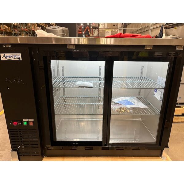 Scratch and Dent Avantco UBB-48S-HC 48" Black Counter Height Narrow Sliding Glass Door Back Bar Refrigerator with LED Lighting