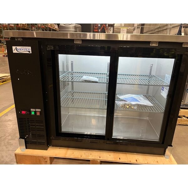 Scratch and Dent Avantco UBB-48S-HC 48" Black Counter Height Narrow Sliding Glass Door Back Bar Refrigerator with LED Lighting