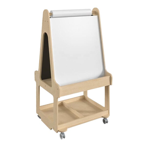 Scratch and Dent Flash Furniture Bright Beginnings 24 1/2" x 48 1/4" Wooden Mobile Double-Sided 2-Person Art Station with Bottom Shelf and Paper Roll Holder