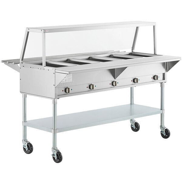 Scratch and Dent ServIt Five Pan Open Well Electric Steam Table with Angled Sneeze Guard, Tubular Tray Slide, and Casters - 208/240V, 3750W
