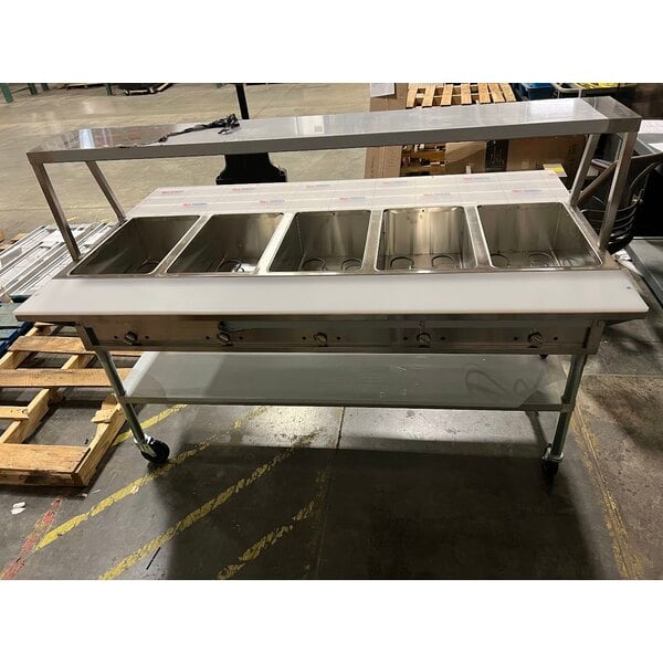 Scratch and Dent ServIt Five Pan Open Well Electric Steam Table with Angled Sneeze Guard, Tubular Tray Slide, and Casters - 208/240V, 3750W