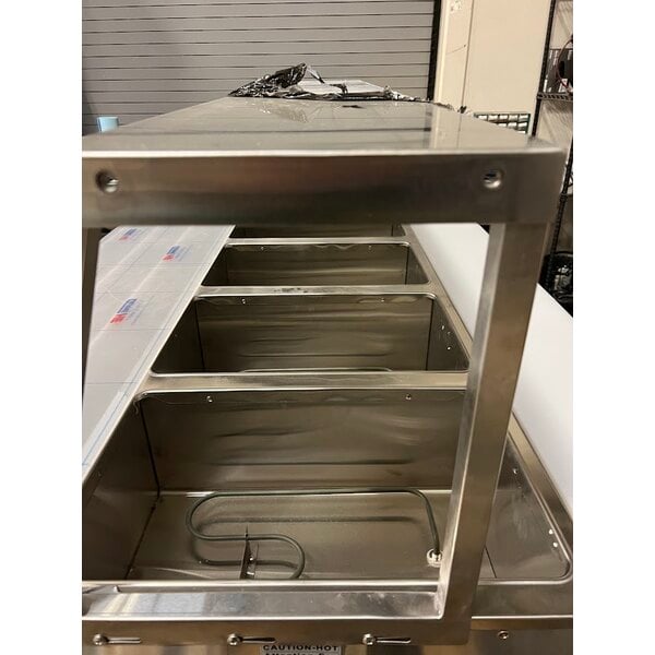 Scratch and Dent ServIt Five Pan Open Well Electric Steam Table with Angled Sneeze Guard, Tubular Tray Slide, and Casters - 208/240V, 3750W