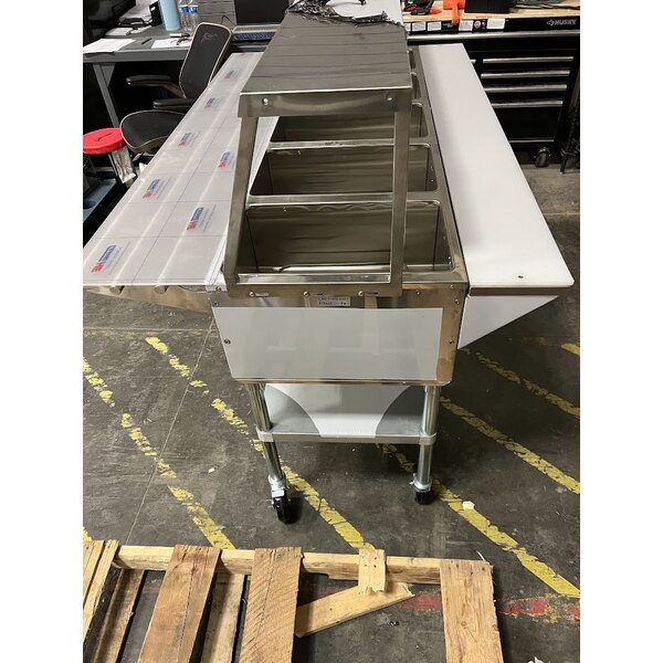 Scratch and Dent ServIt Five Pan Open Well Electric Steam Table with Angled Sneeze Guard, Tubular Tray Slide, and Casters - 208/240V, 3750W