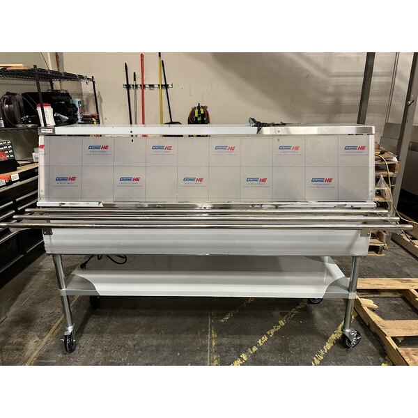 Scratch and Dent ServIt Five Pan Open Well Electric Steam Table with Angled Sneeze Guard, Tubular Tray Slide, and Casters - 208/240V, 3750W