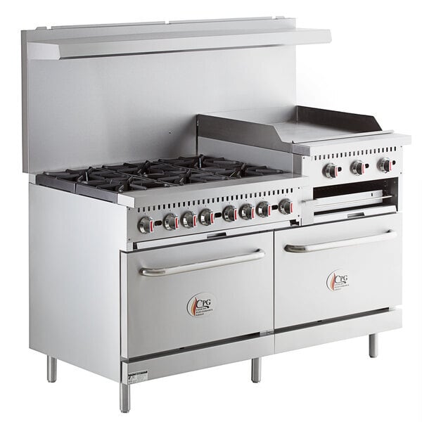 Scratch and Dent Cooking Performance Group S60-GS24-N Natural Gas 6 Burner 60" Range with 24" Griddle/Broiler and 2 Standard Ovens - 276,000 BTU
