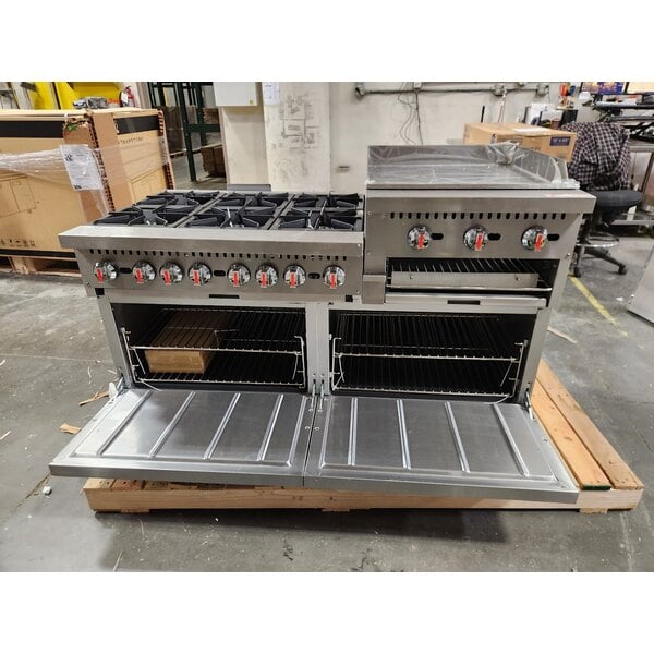Scratch and Dent Cooking Performance Group S60-GS24-N Natural Gas 6 Burner 60" Range with 24" Griddle/Broiler and 2 Standard Ovens - 276,000 BTU