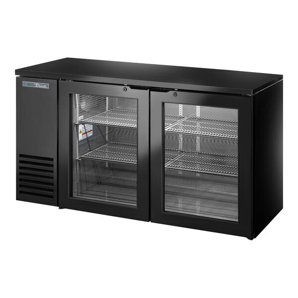 Scratch and Dent True TBB24-60-2G-Z1-BST-B-1 60 1/8" Black Glass Door Back Bar Refrigerator with Black Sub Top and LED Lighting