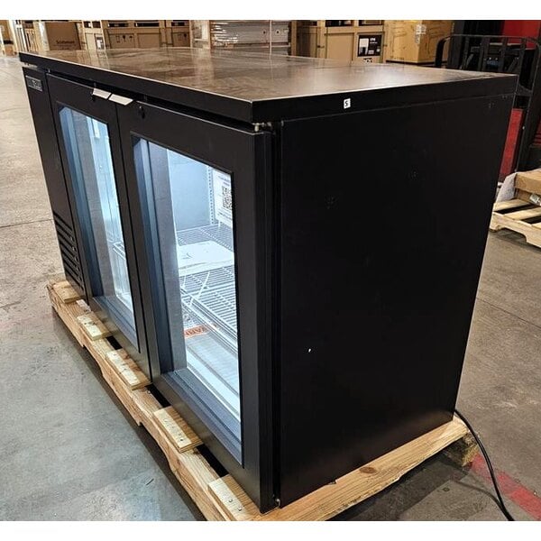 Scratch and Dent True TBB24-60-2G-Z1-BST-B-1 60 1/8" Black Glass Door Back Bar Refrigerator with Black Sub Top and LED Lighting