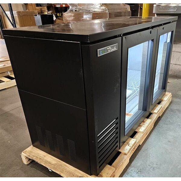 Scratch and Dent True TBB24-60-2G-Z1-BST-B-1 60 1/8" Black Glass Door Back Bar Refrigerator with Black Sub Top and LED Lighting