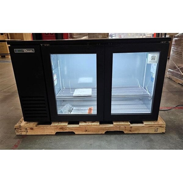 Scratch and Dent True TBB24-60-2G-Z1-BST-B-1 60 1/8" Black Glass Door Back Bar Refrigerator with Black Sub Top and LED Lighting
