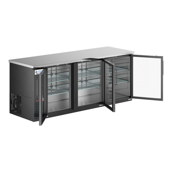 Scratch and Dent Avantco UBB-4G-HC 90" Black Counter Height Glass Door Back Bar Refrigerator with LED Lighting